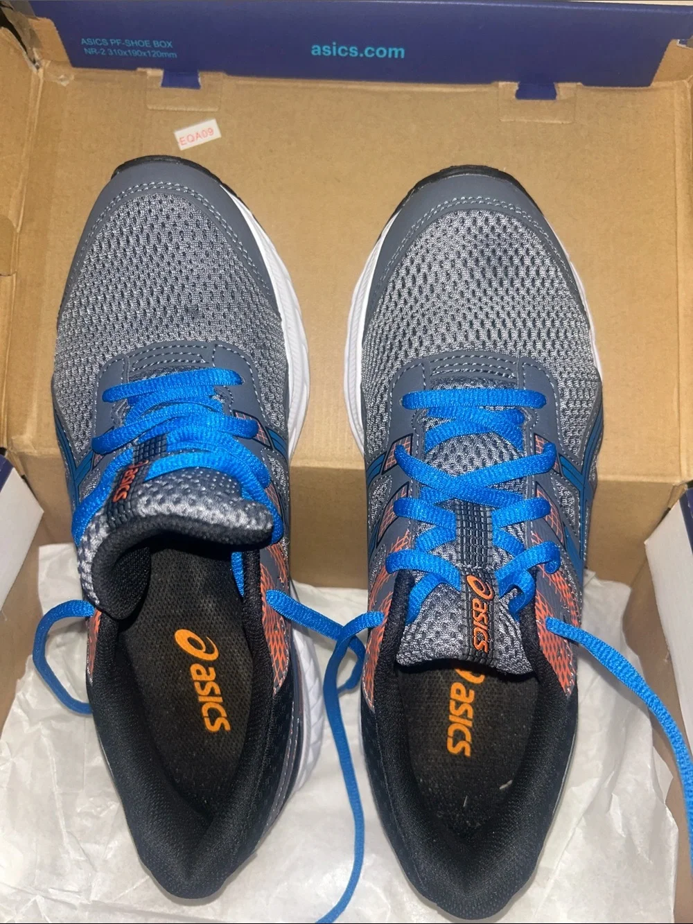 Contend 6 GS /ASICS Gray Athletic Shoes with Blue Laces and Orange Accents